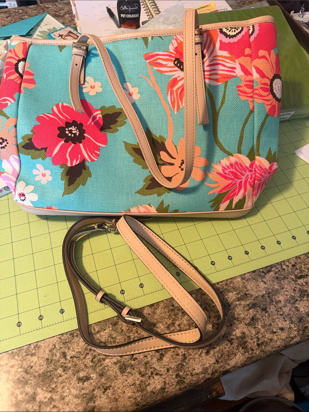 Spartina 449 Blue and Tan Tote Bag with Floral Elegance - Picture 10 of 12